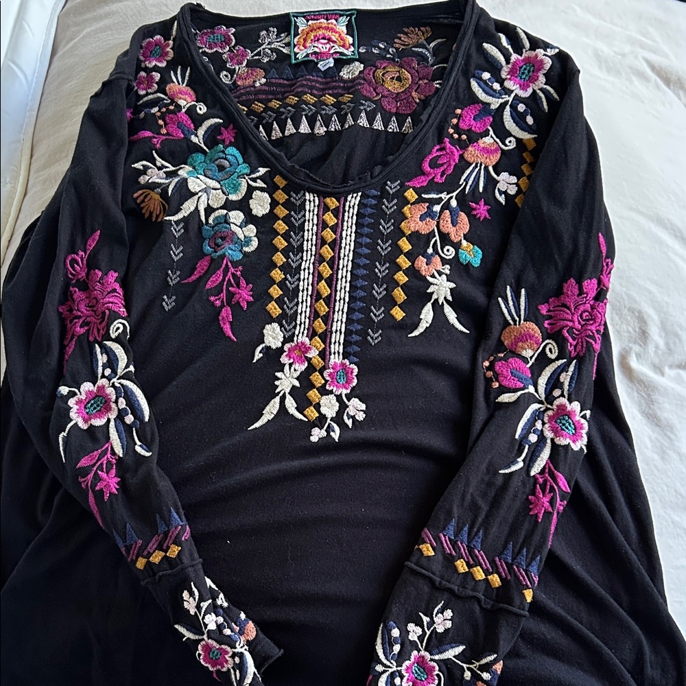 Johnny Was Black Top with Multicolor Embroidery